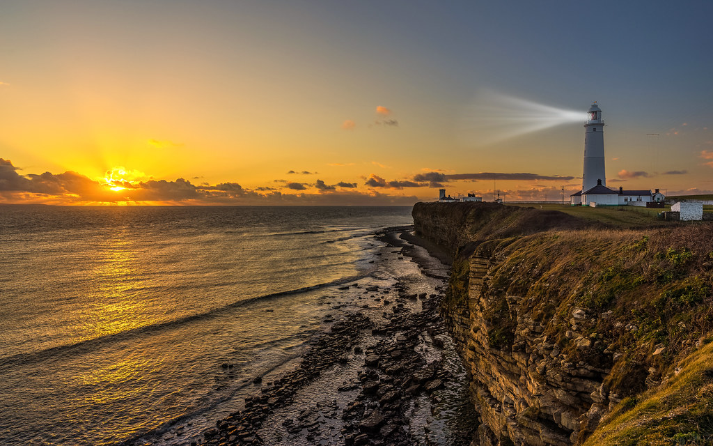 Nash Point lighthouse at sunset, Vale of Glamorgan